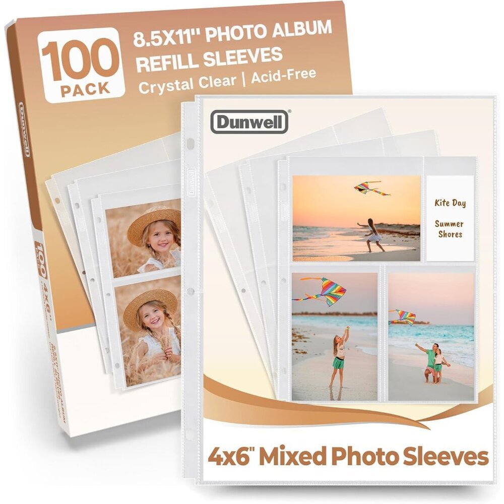 Photo Sleeves for 3-Ring Binder, 4x6 Mixed Format, 100 Pack for 600 Pictures, Ea